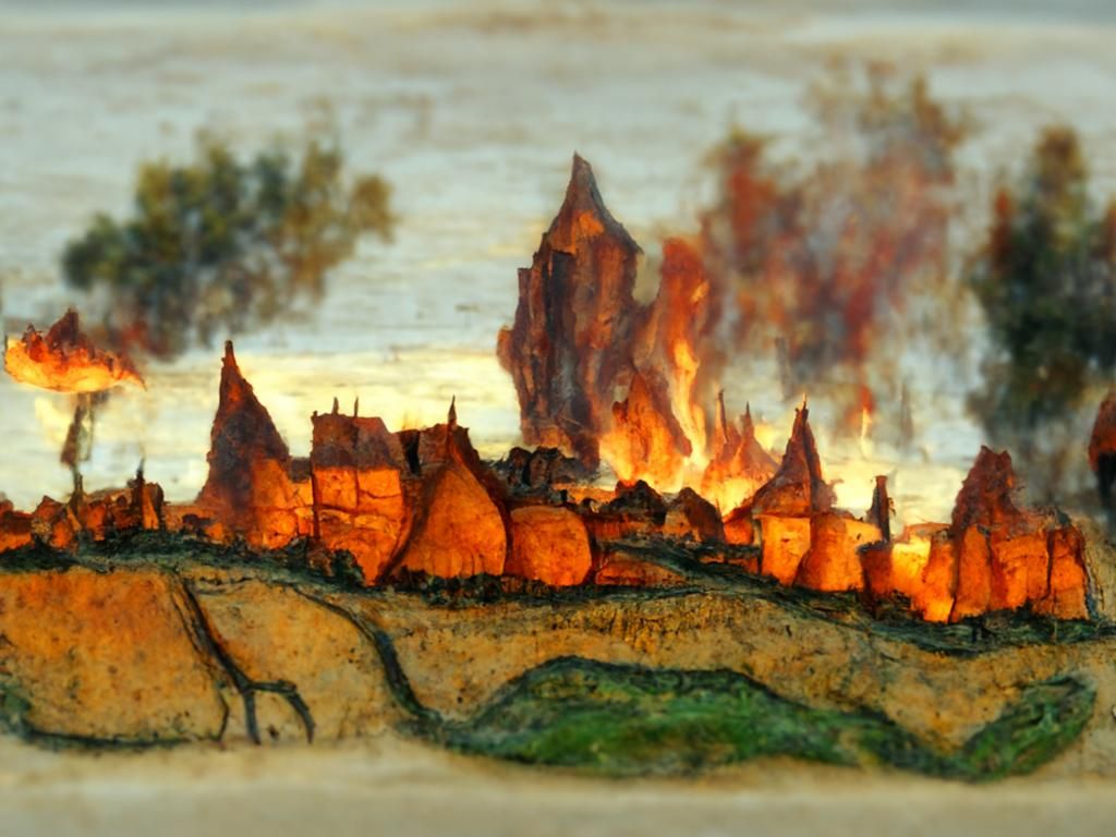 Burning Medieval Village on the Horizon