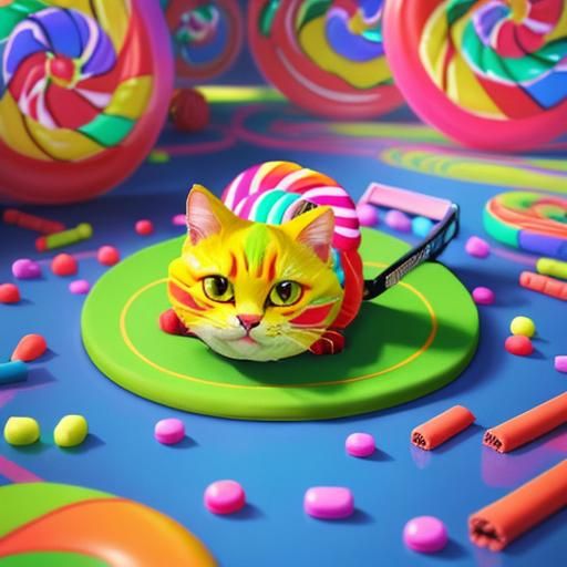 Hyperrealistic Cat Playing Tennis in Candy Art Style