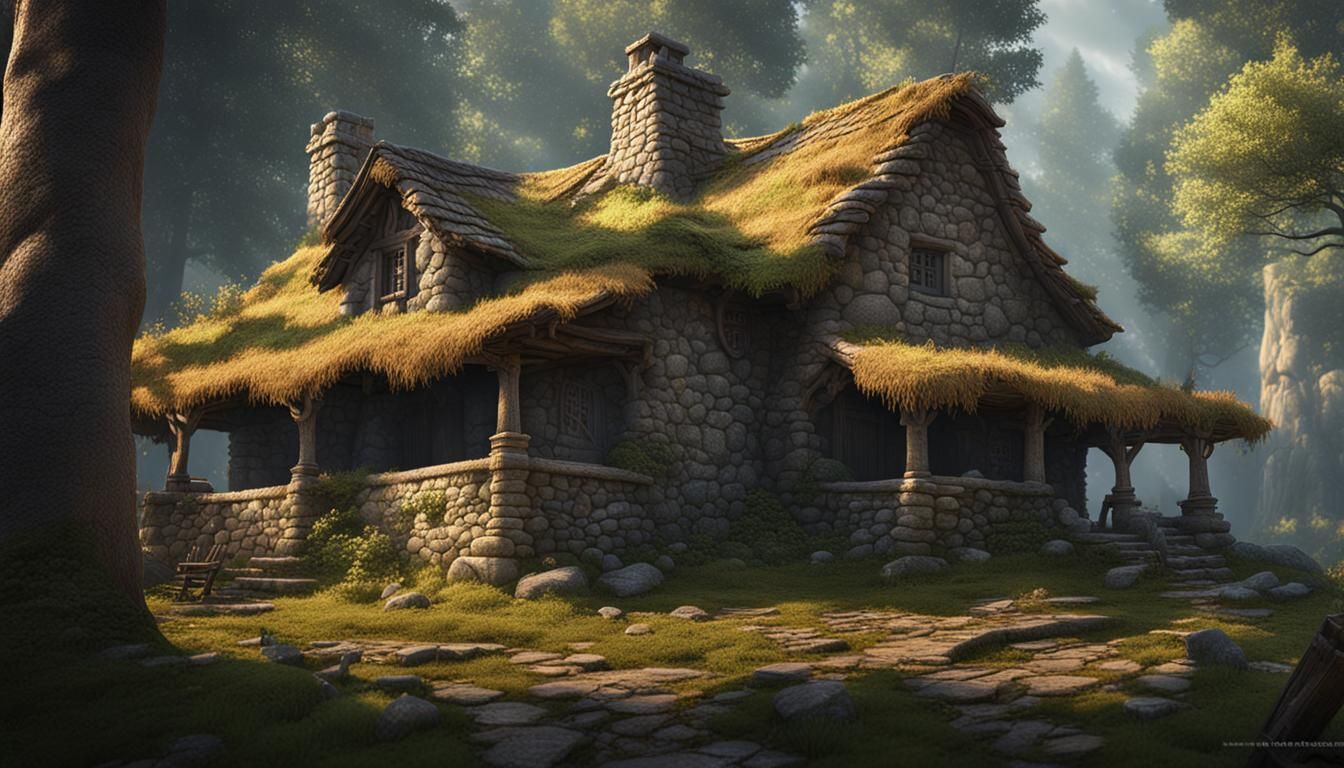 Rustic Stone House with Straw Roof in Forest