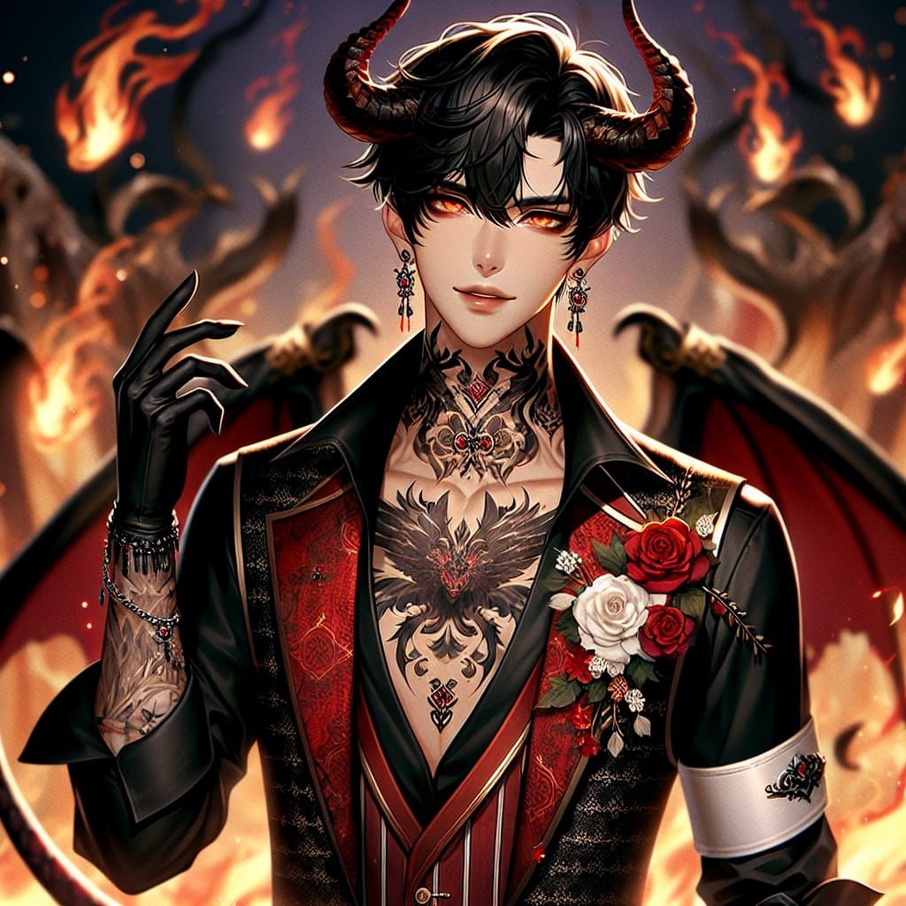 Handsome male demon (black hair) chest tattoo, black and red...