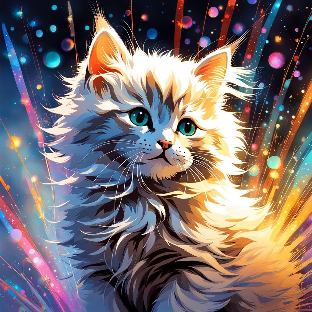 Cute Kitten in Magical Iridescent Fireworks Display