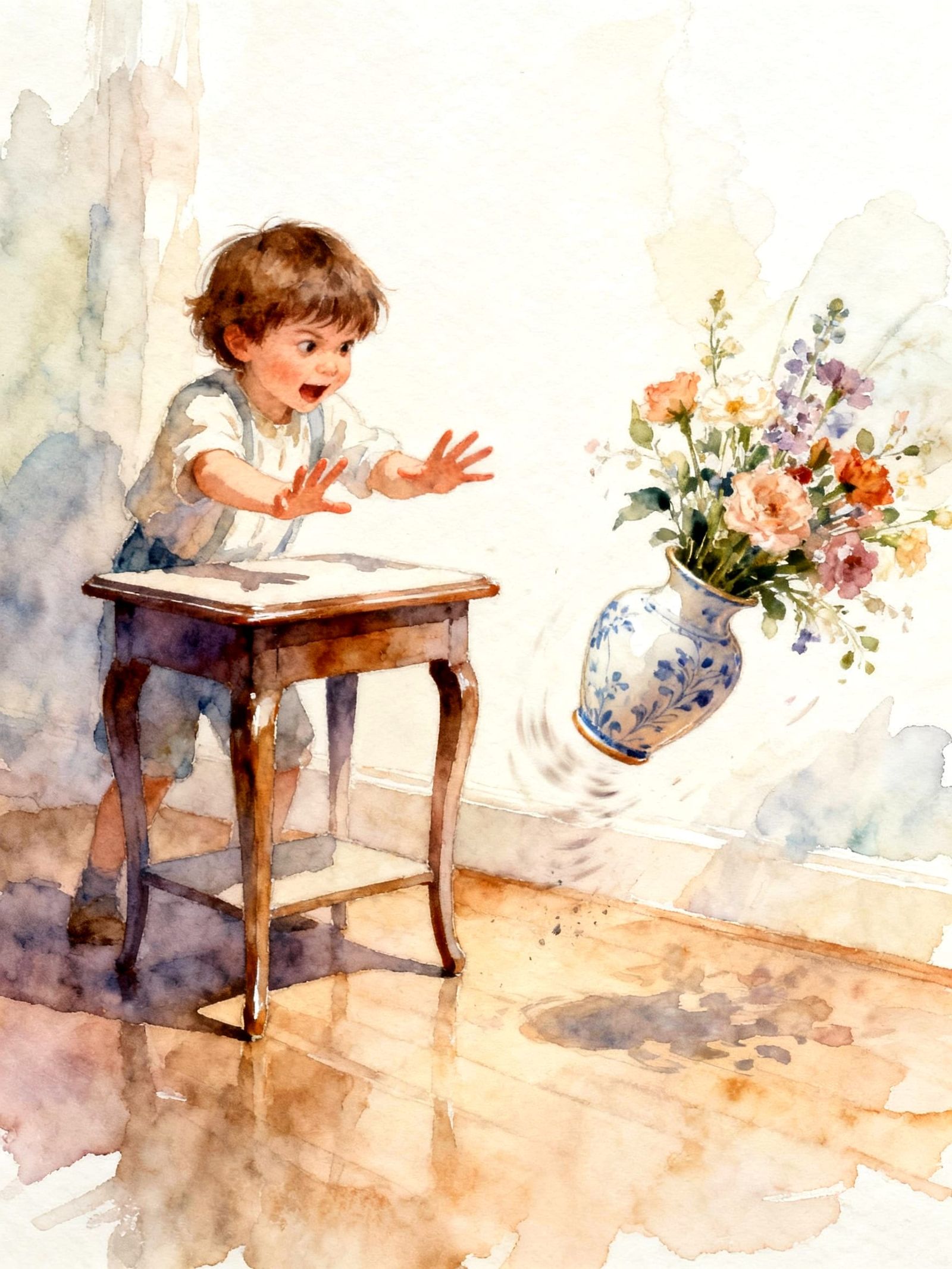 Mischievous Child Knocks Over Vase in Watercolor