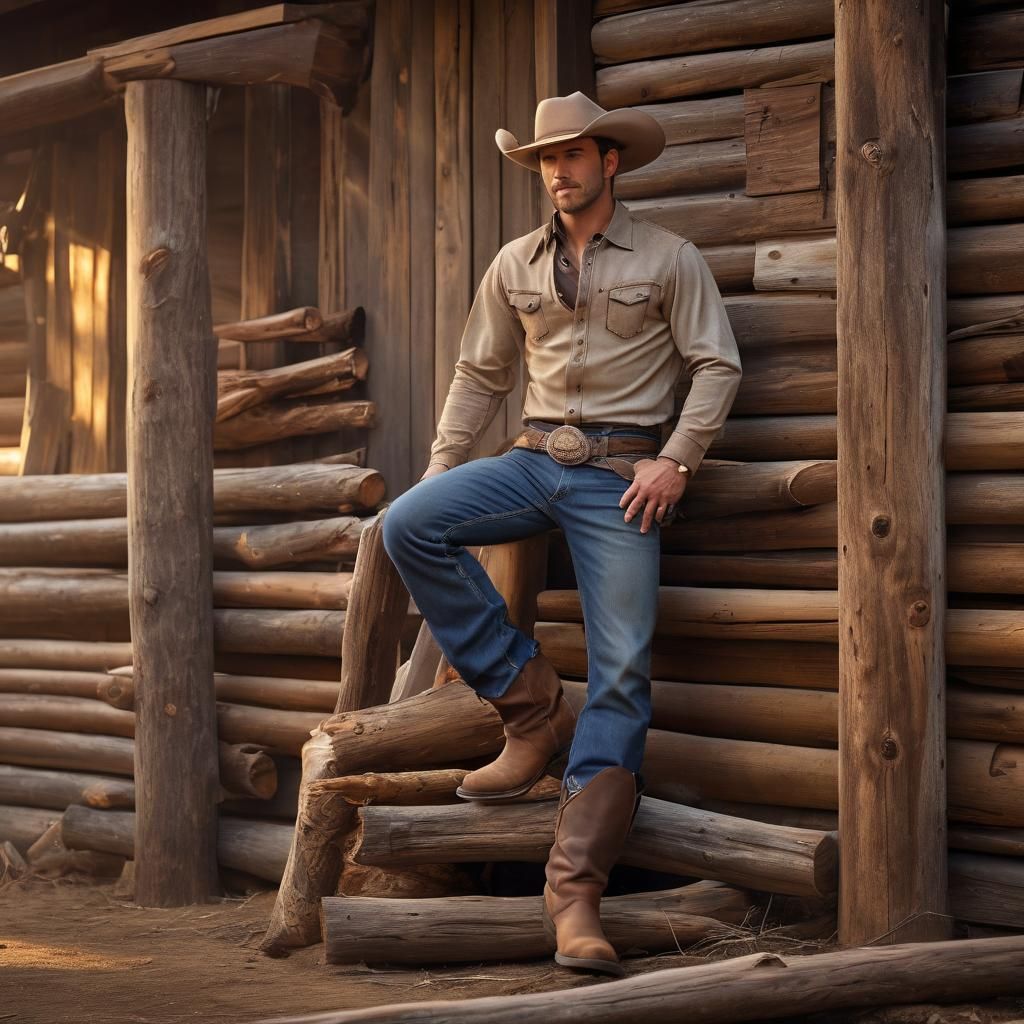 Cowboy in Golden Light Leaning on Wooden Building