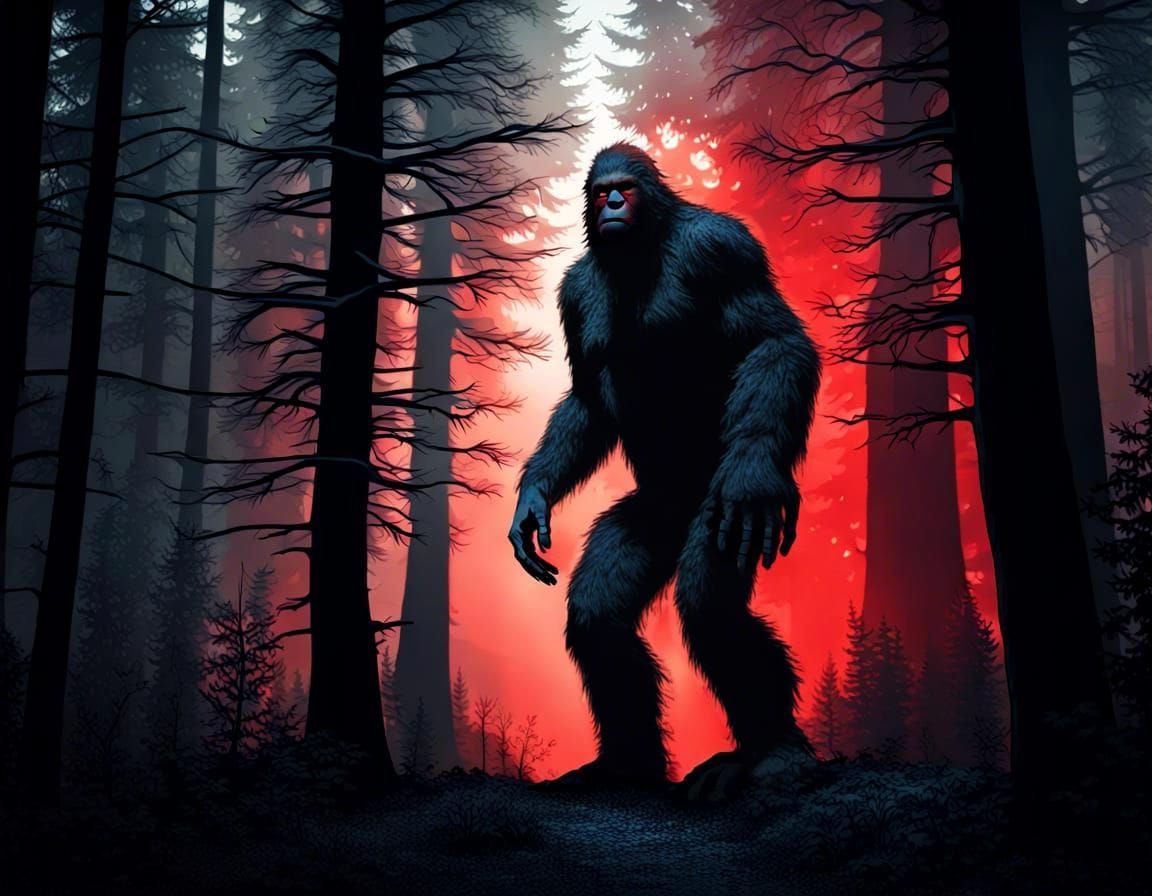 Hyperrealistic Bigfoot in Spooky Forest at Night
