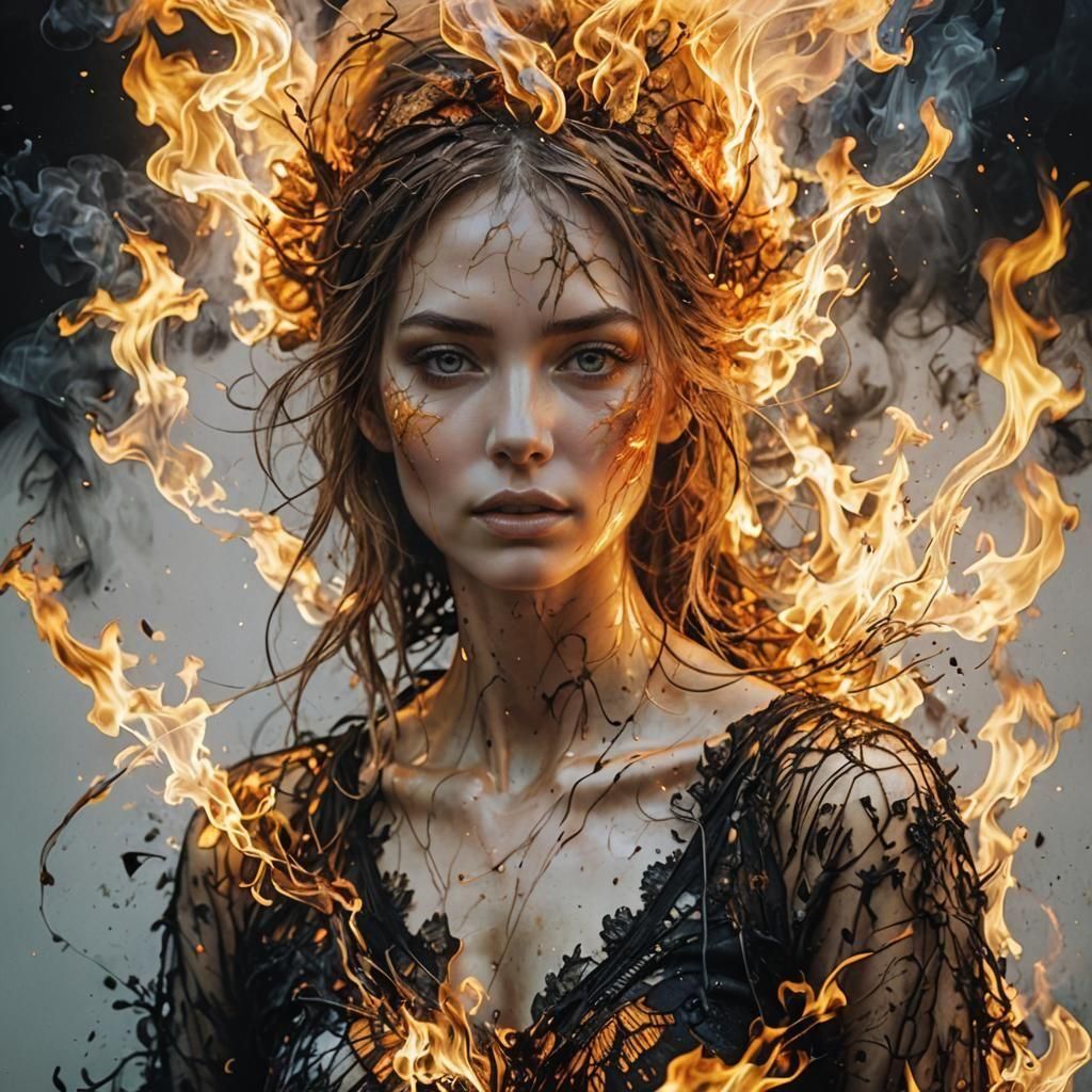 Woman in Fire: A Hyperrealistic Digital Masterpiece