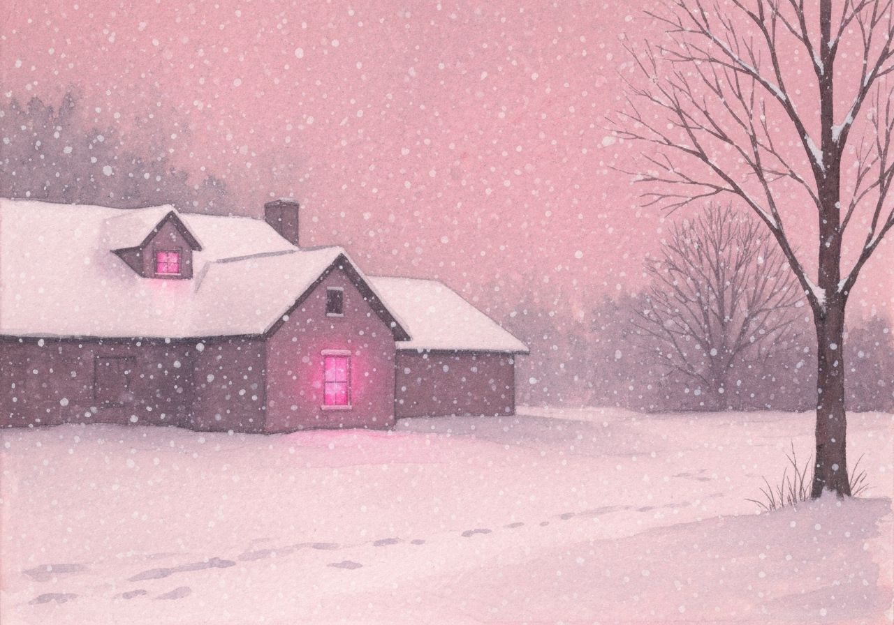 Pink Snowy Landscape with House and Glowing Window