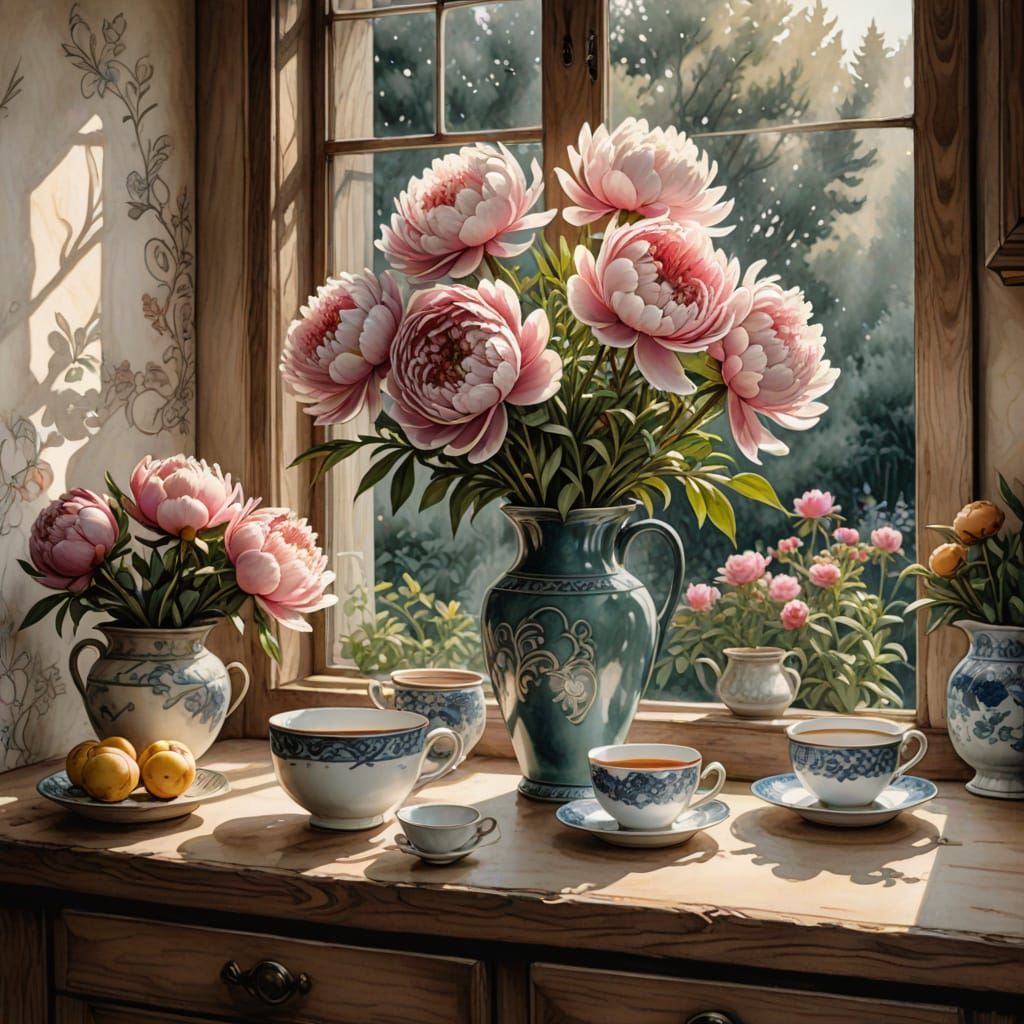 Elegant Peony Still Life in Watercolor Style