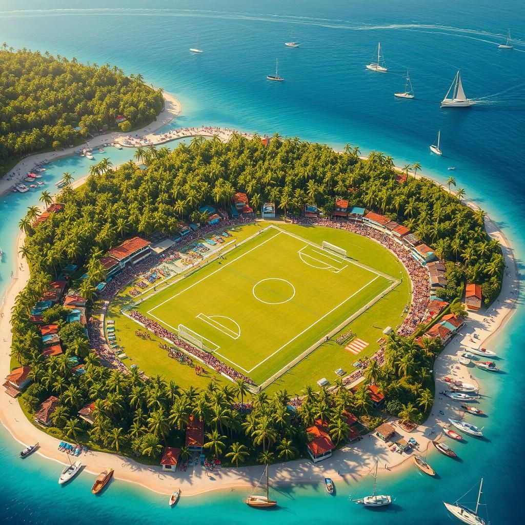 Vibrant Island Paradise with Soccer Field, Aerial View