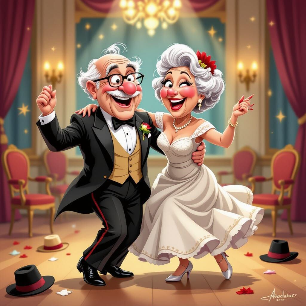 Energetic Elderly Couple Dancing a Cartoon Caricature
