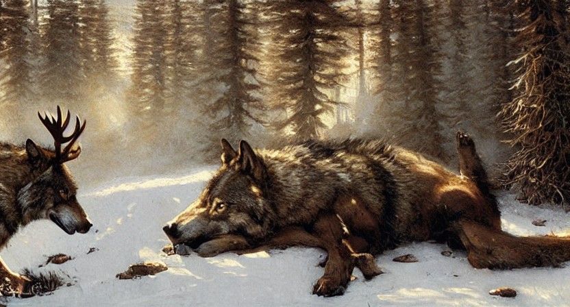 Wolves Feast on Moose: Sinister Oil Painting