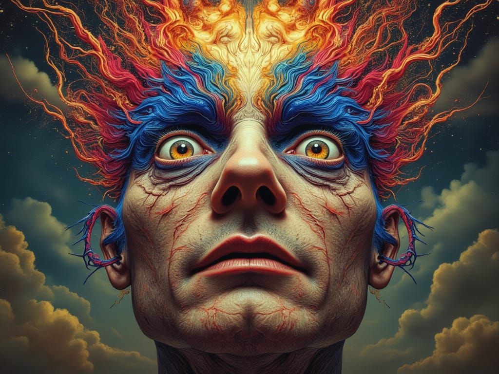 Mutant Peacock-Man with Fractal Face in Dreamscape