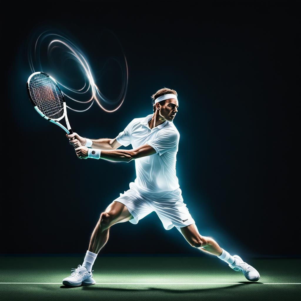 Luminescent Tennis Player with Sparkling Light Trails