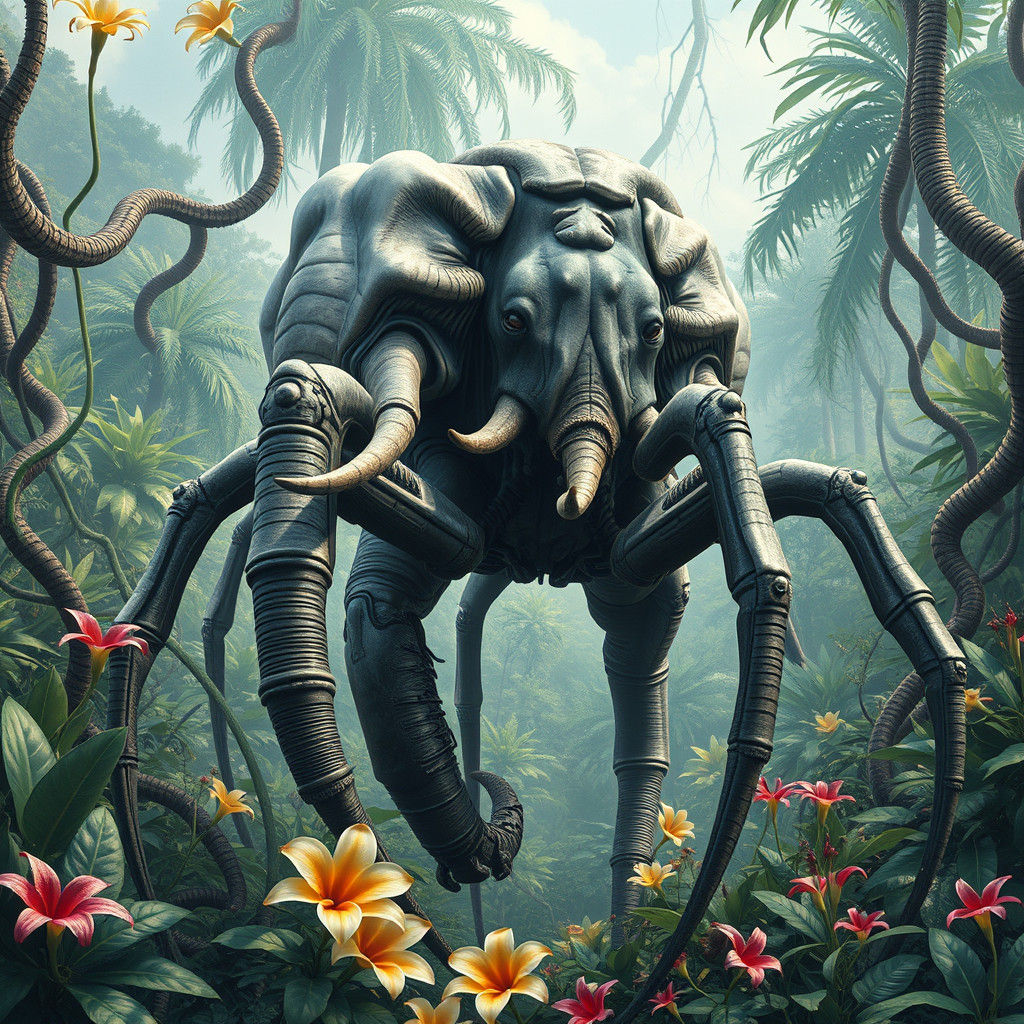 Arachnid-Pachyderm Hybrid in Jungle Dreamscape