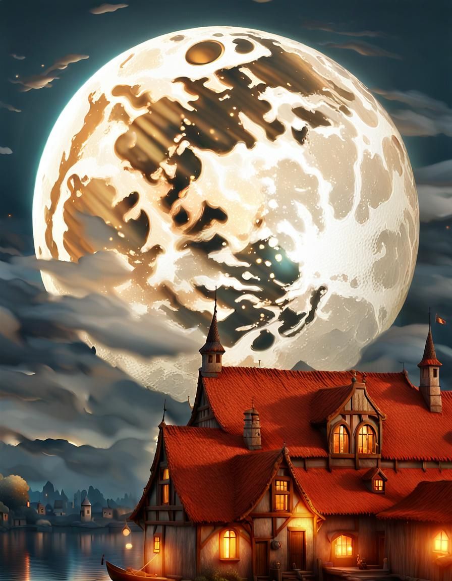 Orange Moon Over Medieval Village, Digital Matte Painting