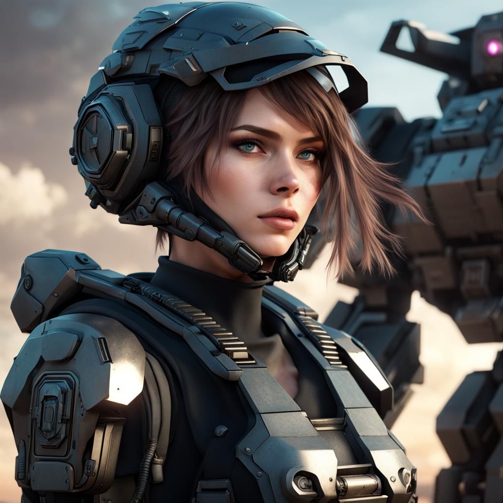 Girl in Military Outfit Portrait with Battlemech