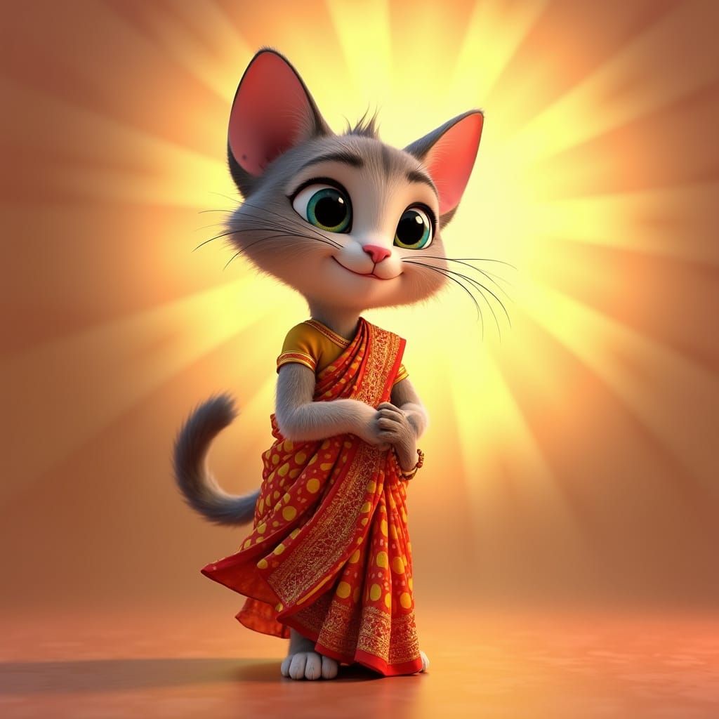 Whimsical Cat in Saree: Pixar-Disney 3D Art