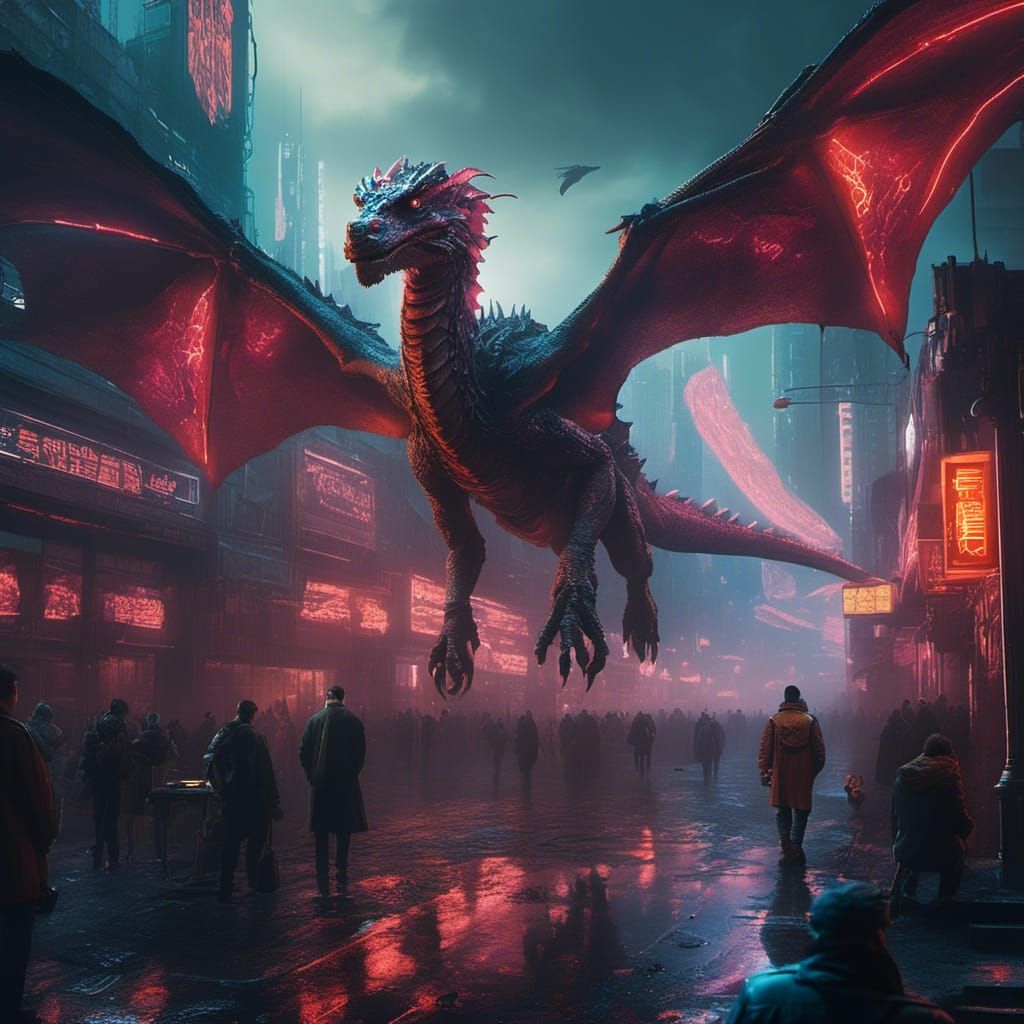 Darwin in Cyberpunk City Watching Hyperrealistic Dragon