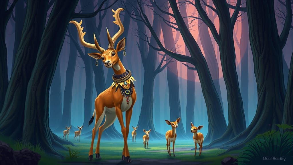Mystical Forest Impala with Uakari, Whimsical Art