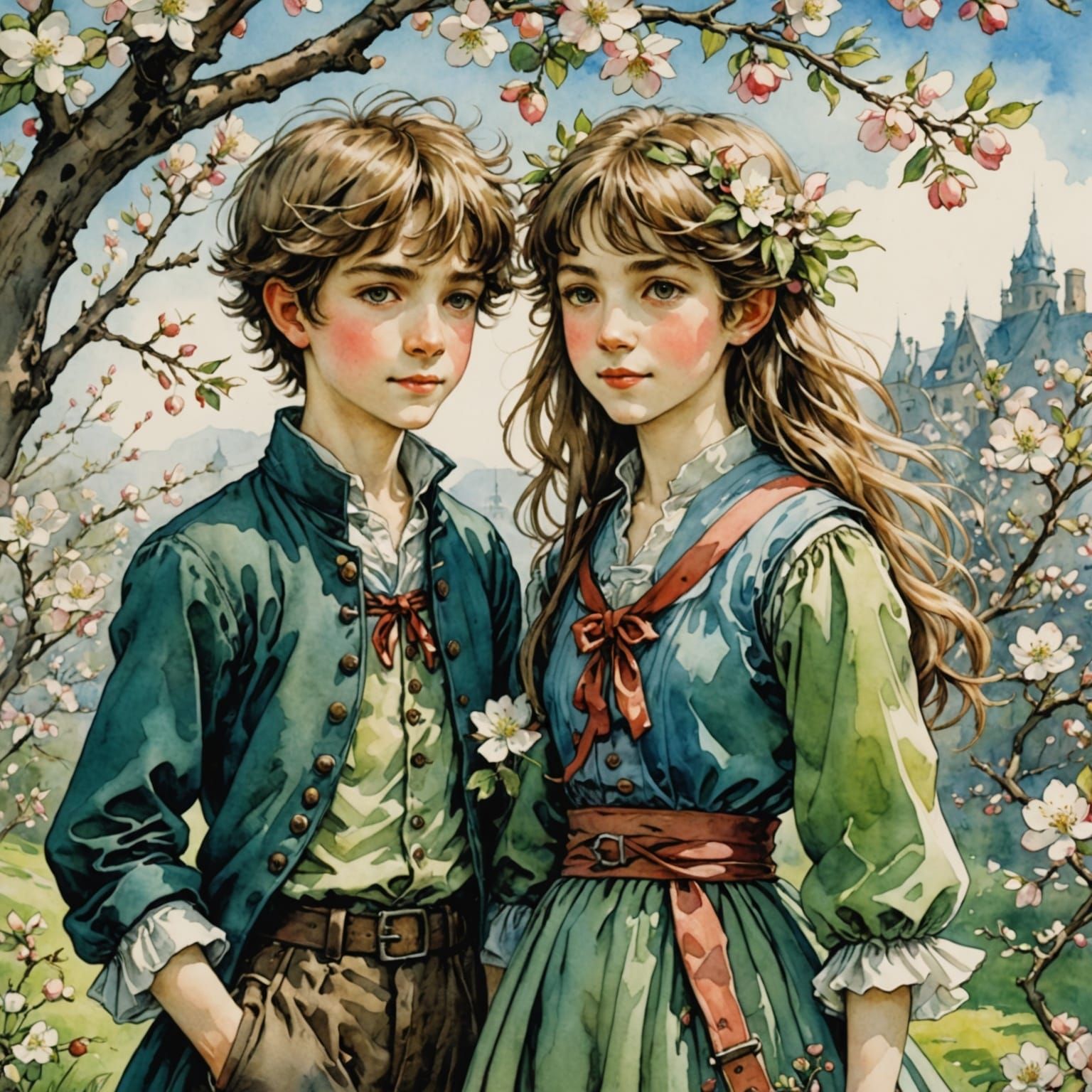 Whimsical Spring Scene in Vibrant Watercolor Style