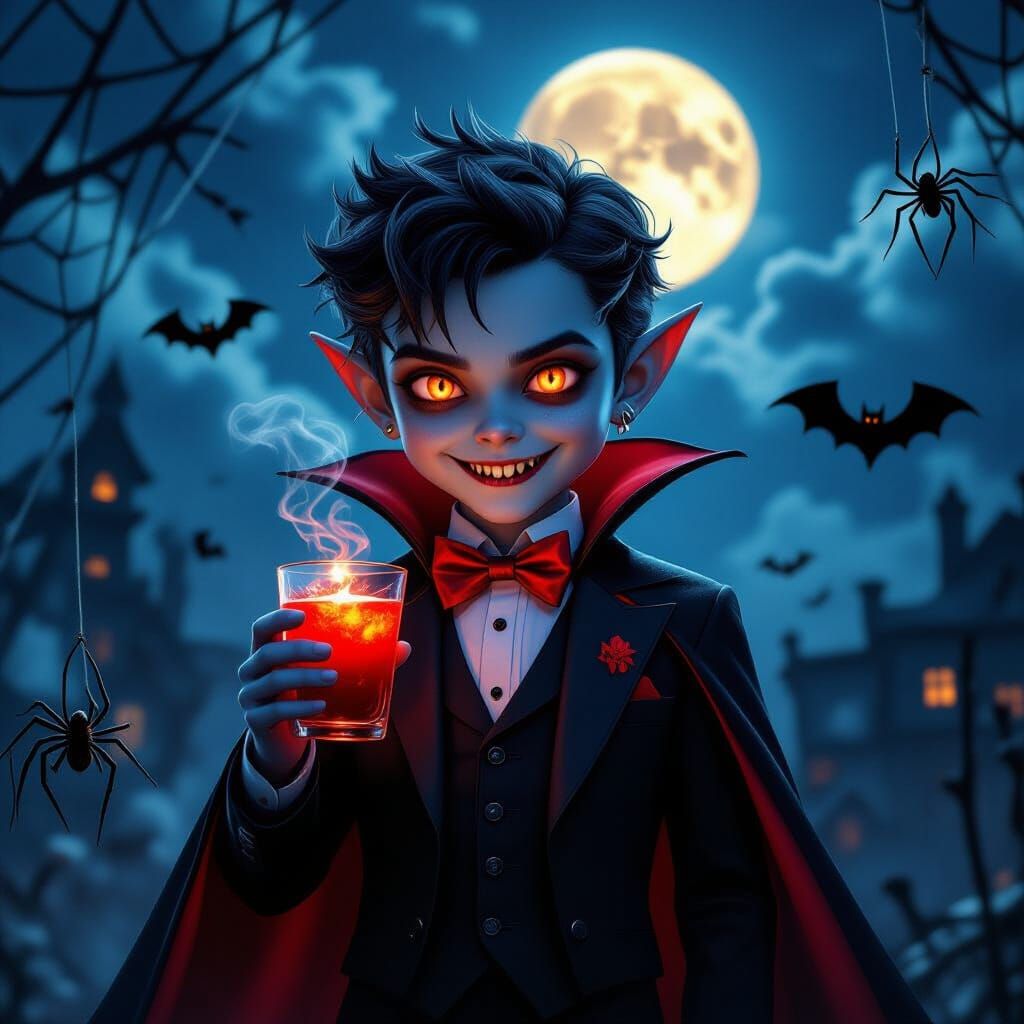 Creepy Cute Vampire Boy in Black Suit with Glowing Eyes