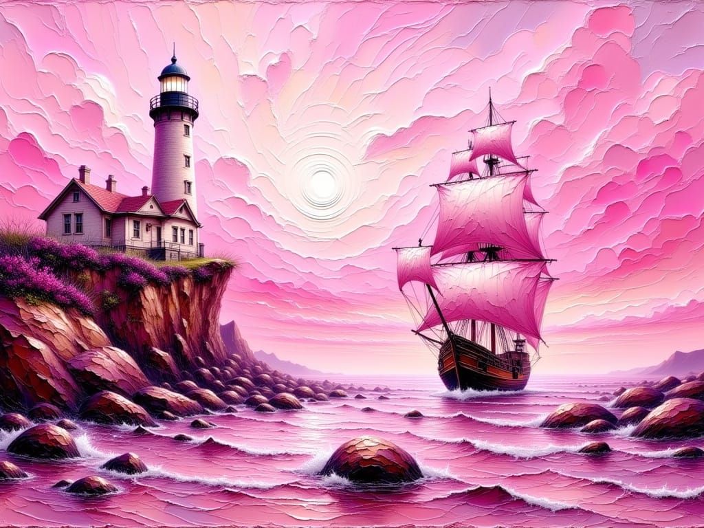 Pink Lighthouse Impasto Painting in Expressive Impressionism