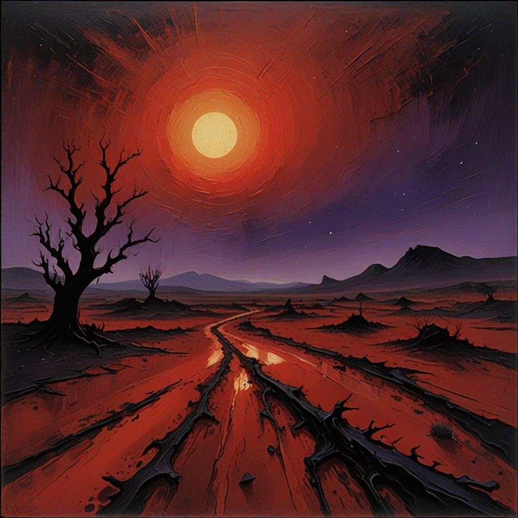 Bloody Martian Sunset Landscape with Spectral Figure