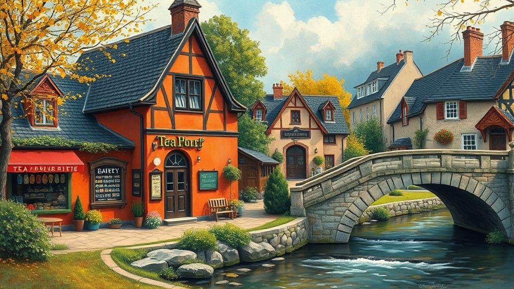 Charming Village Teahouse in Impressionist Style