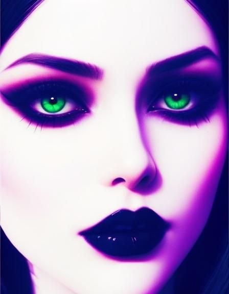 Ethereal gothic young lady with long black hair and green eyes with black eyeshadow with black eyeliner and black lipsti...