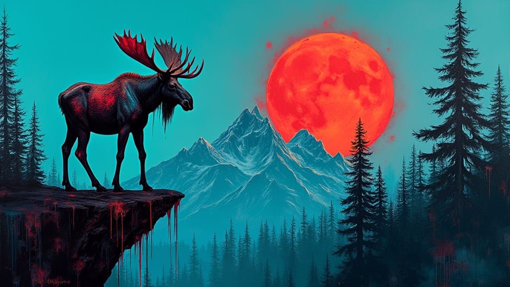 Surreal Moose Perched Under Crimson Moon in Cyberpunk Style