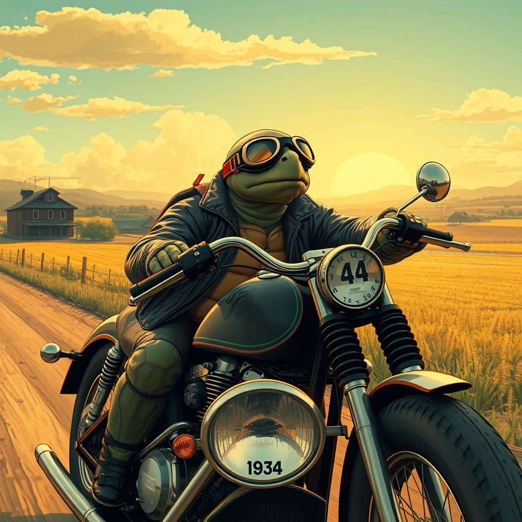 Vintage Turtle Rider on Retro Harley