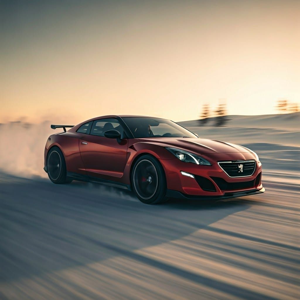 Red Peugeot Skyline Drifting in Snowy Hills