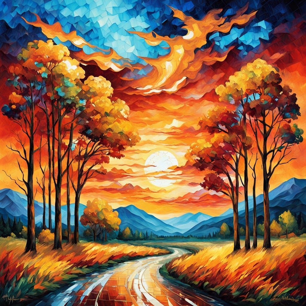 Vibrant Mosaic Sunset Landscape in Impressionist Style