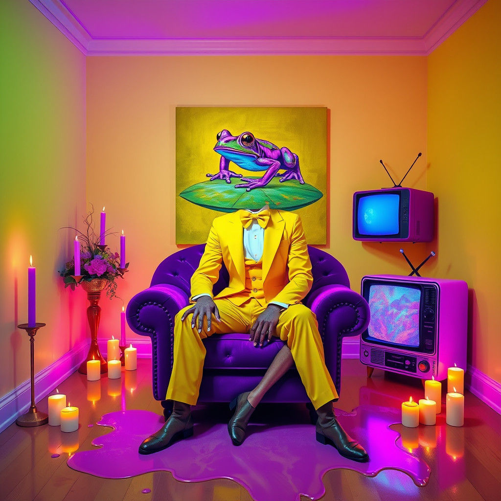 Neon Room Portrait with Stamp Hat in Surrealist Style