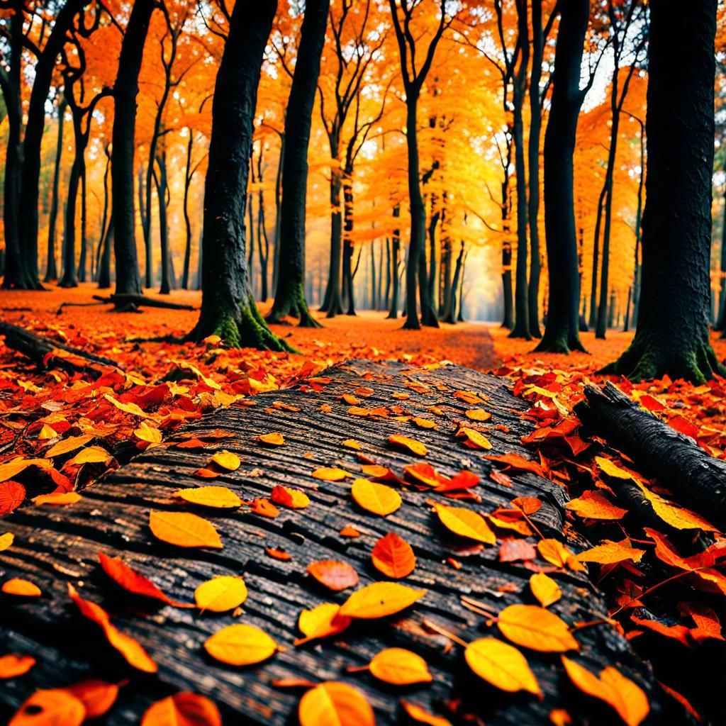 Autumnal Forest Scene with Falling Orange Leaves
