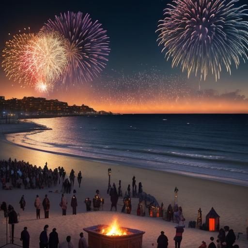Mediterranean Beach Fireworks in Fantasy Art Style