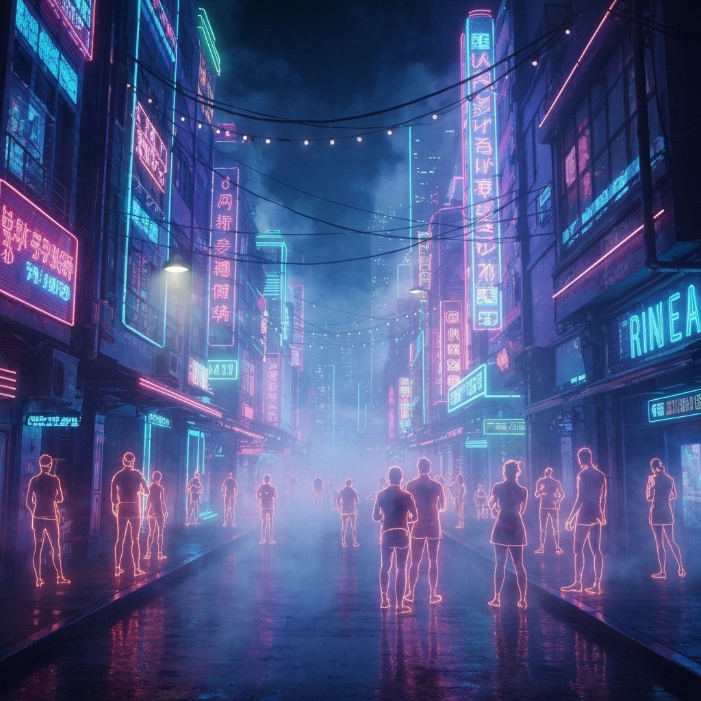 Neon Cityscape with Glowing Figures in Ethereal Light