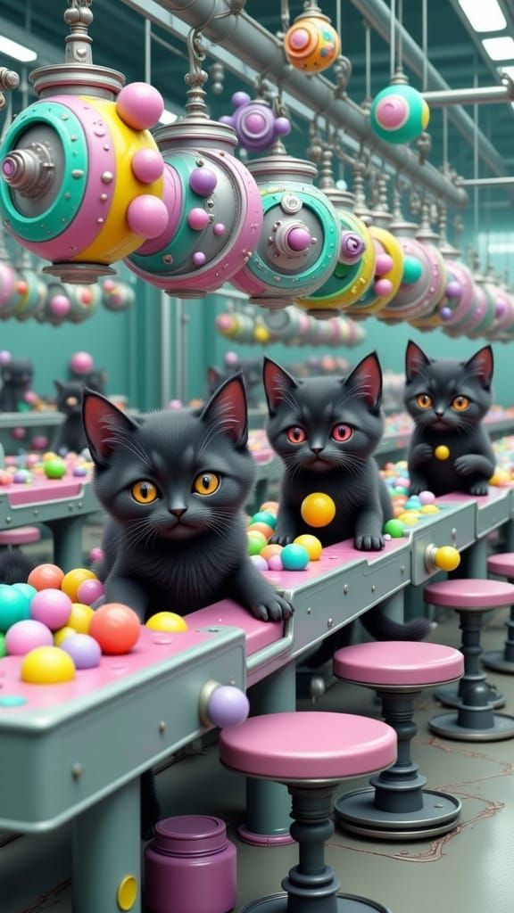 Cats Making Toys on Factory Assembly Line