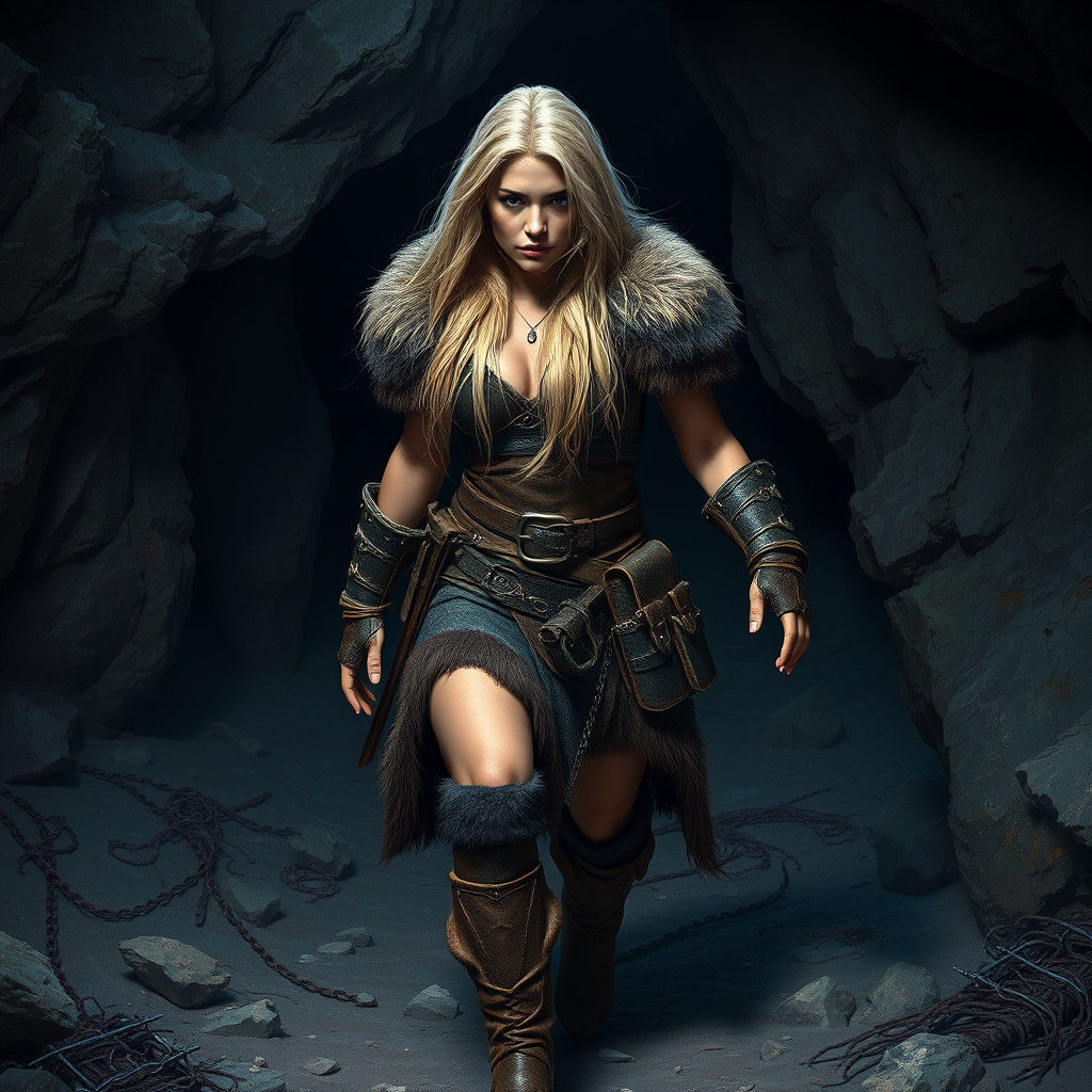 Barbarian Woman Emerges from Shadows: Fantasy Art