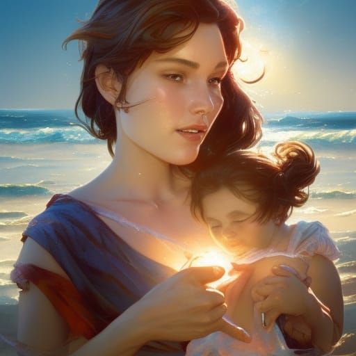 Joyful Family Portrait on Beach in Hyperdetailed Style