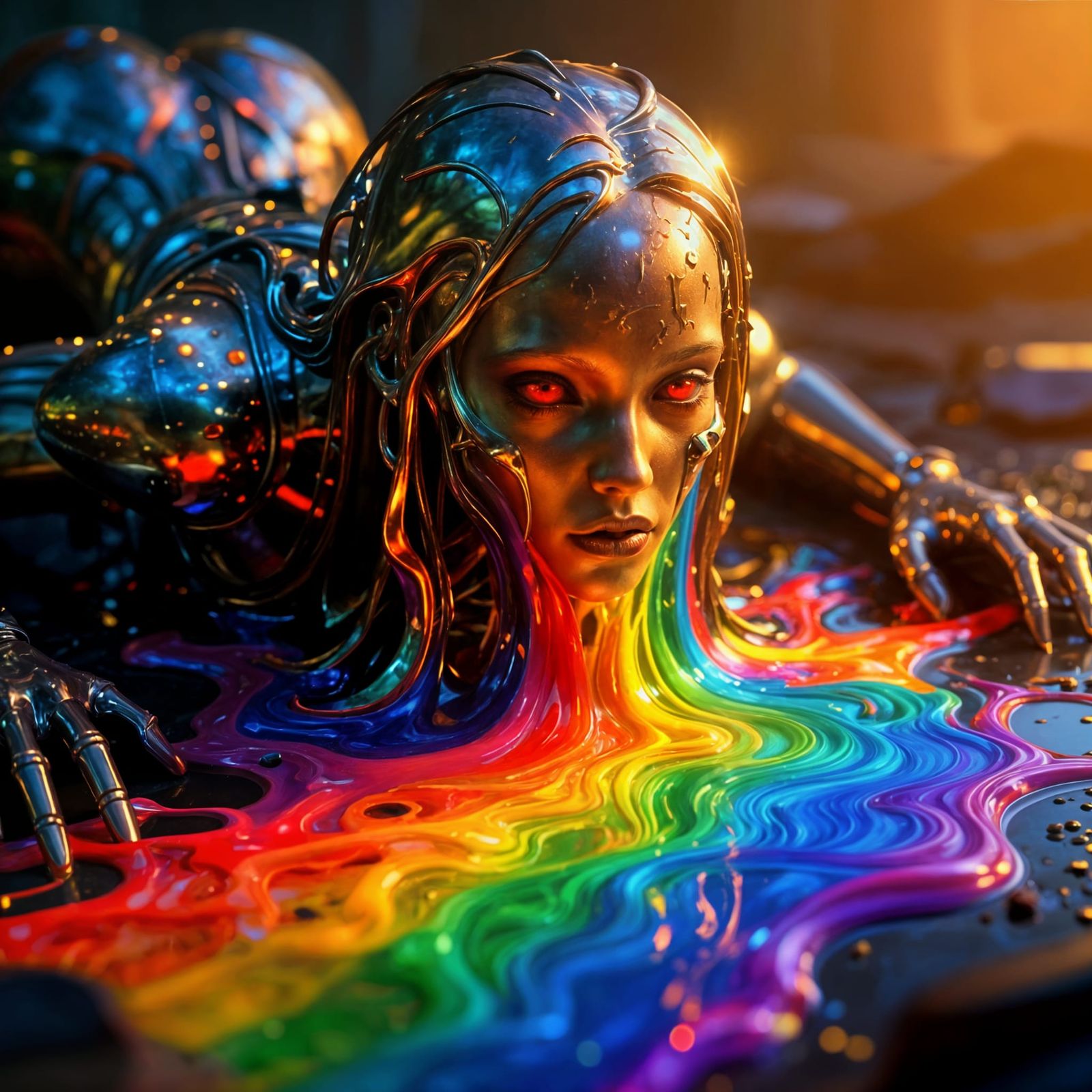Metallic Woman Melts in Vibrant Colors, 3D Render