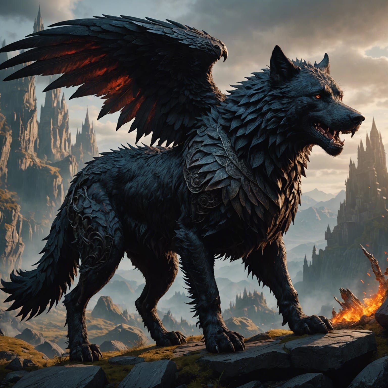 Black Winged Dire Wolf in Detailed Matte Painting