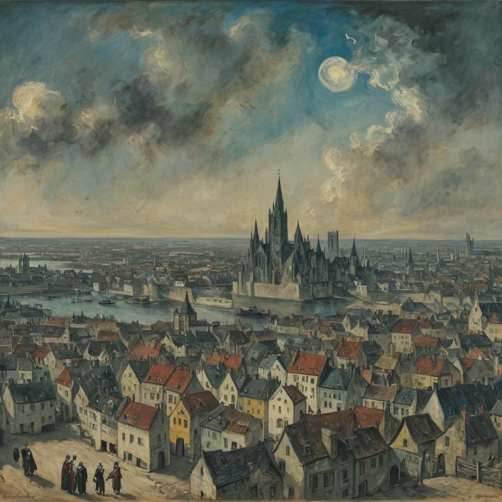 Vampire City Skyline in Gainsborough and Chagall Style