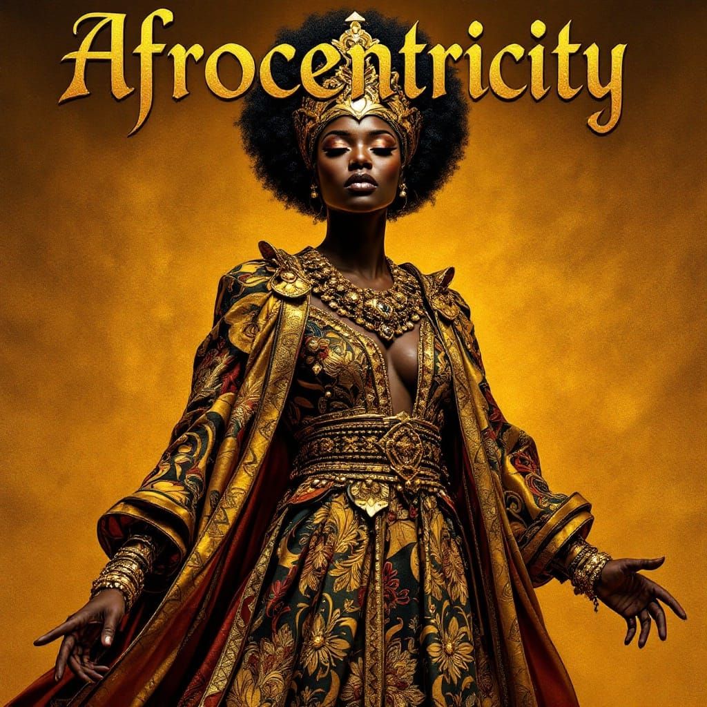 Regal Figure Embodies Afrocentric Majesty with Vibrant Patte...