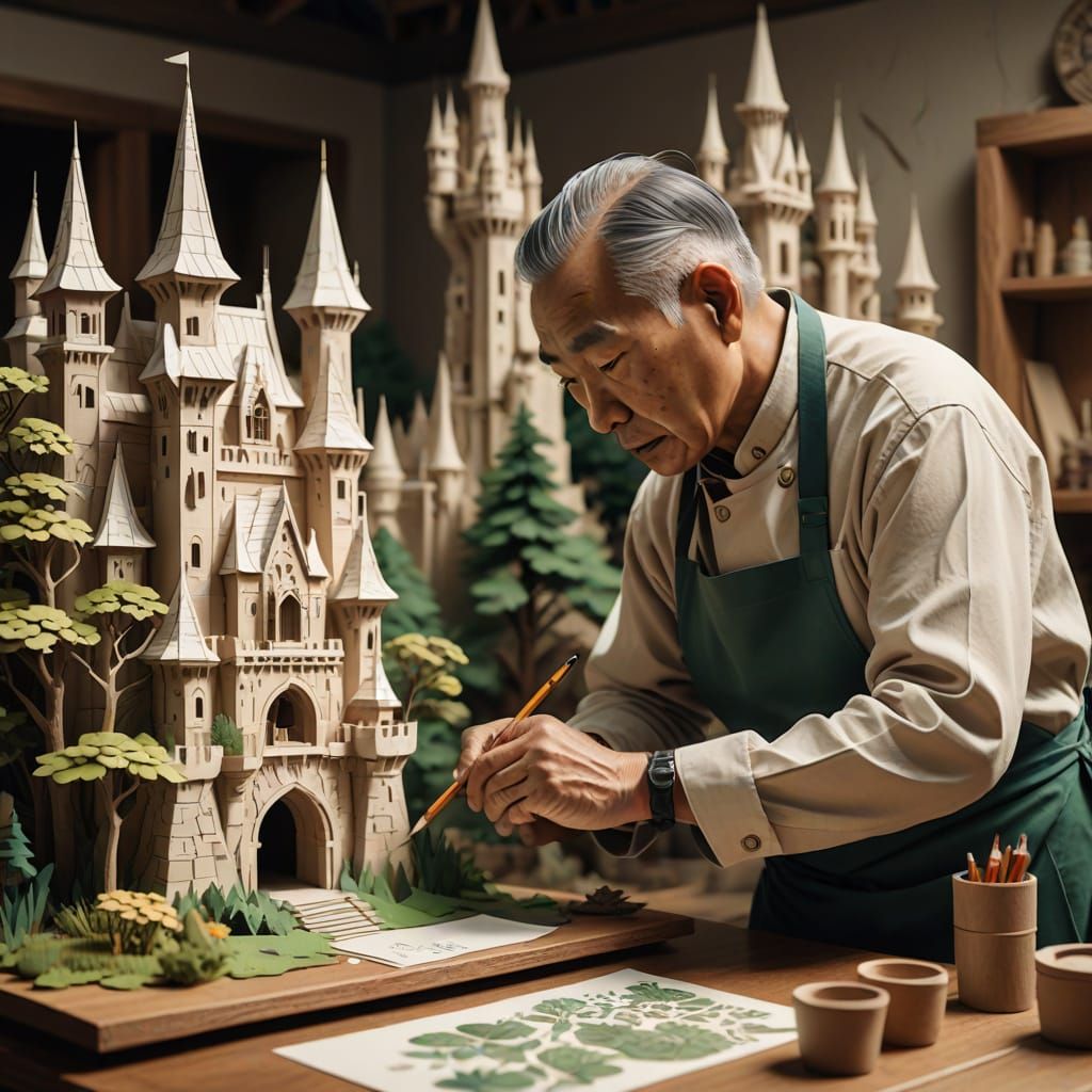 Elderly Man Crafts Paper Castle Diorama in Detailed Forest