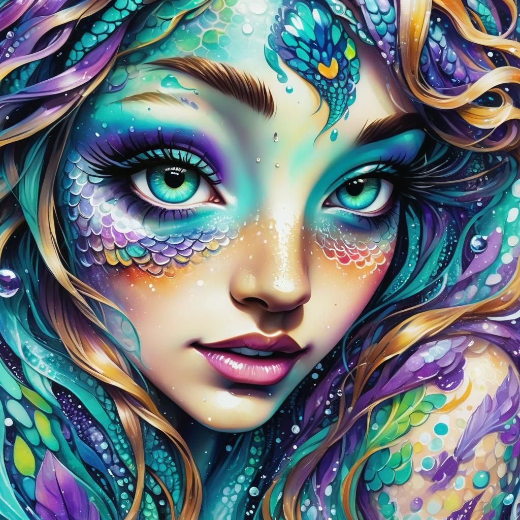 Mermaid with Aqua Eyes in Vibrant Graffiti Art