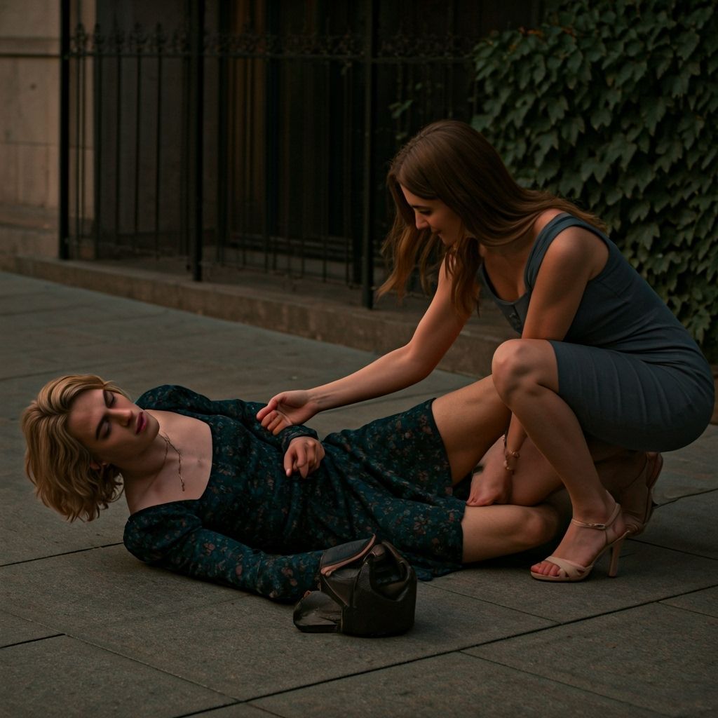 Embarrassed Crossdresser Helped by Woman on Sidewalk