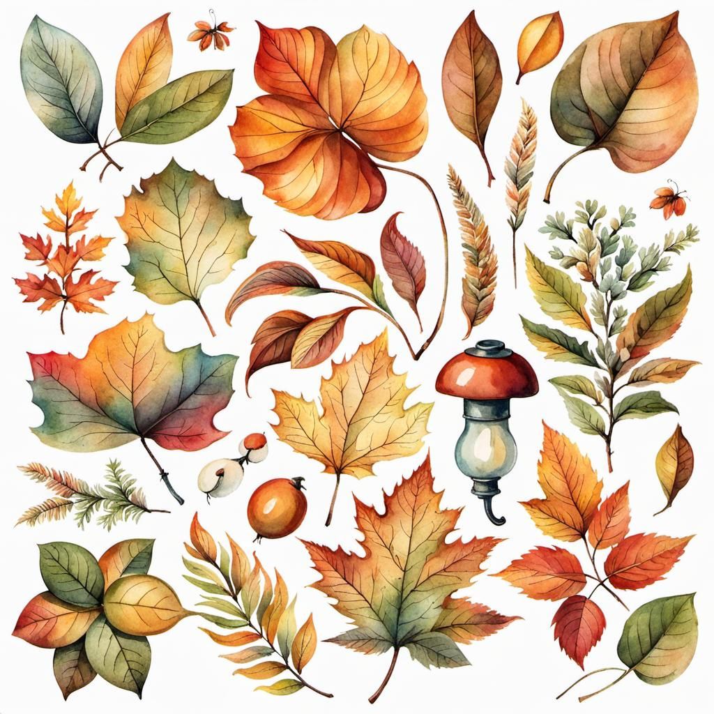 Autumn Ephemera Watercolor Stickers on White