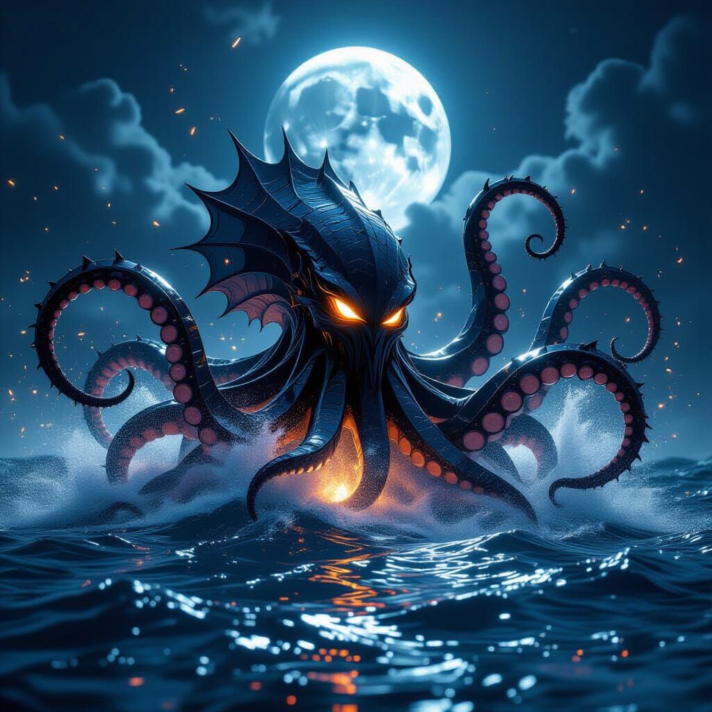 Colossal Glass Kraken Emerges from Stormy Sea