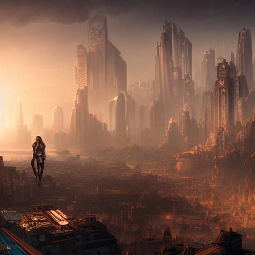 Cyborg Woman in Hopeless City: Digital Art