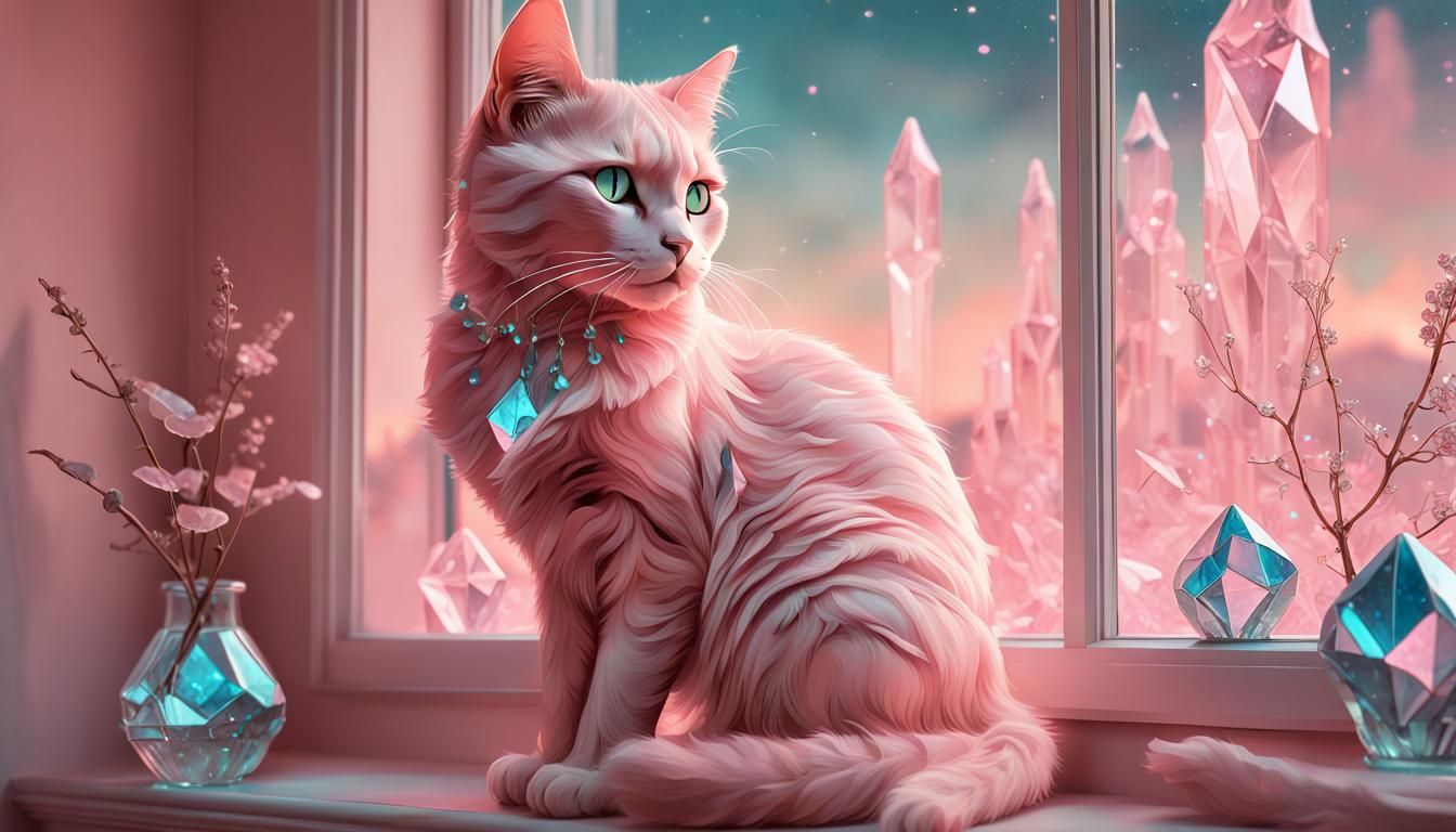 Bioluminescent Glass Cat in Pastel Bedroom, Digital Art
